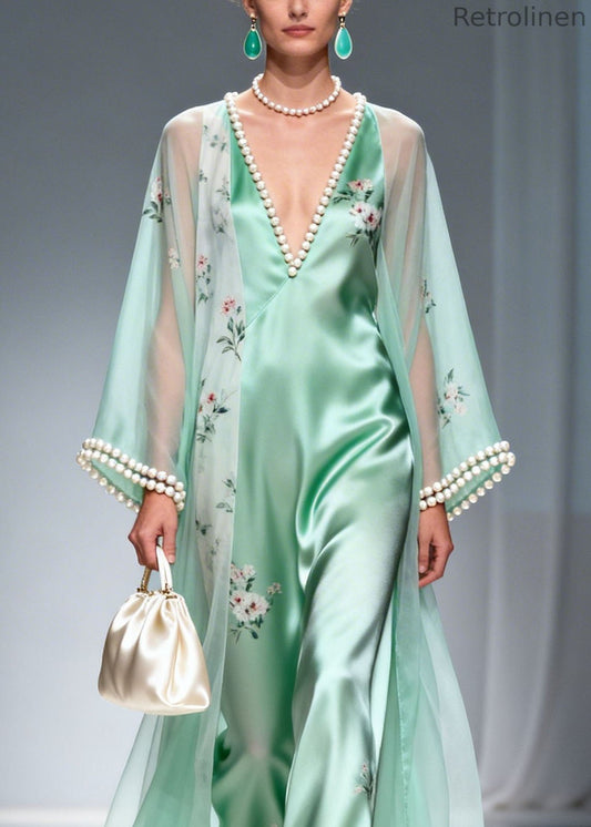 Boutique Green V Neck Nail Bead Silk Long Dress Summer