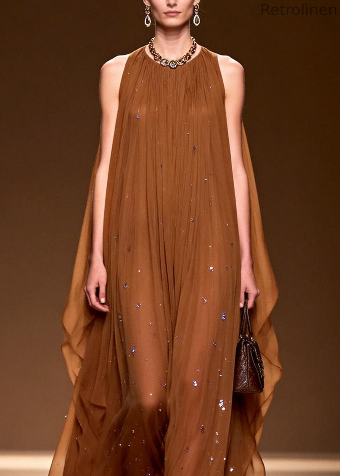 O Neck Zircon Chiffon Long Dress Sleeveless