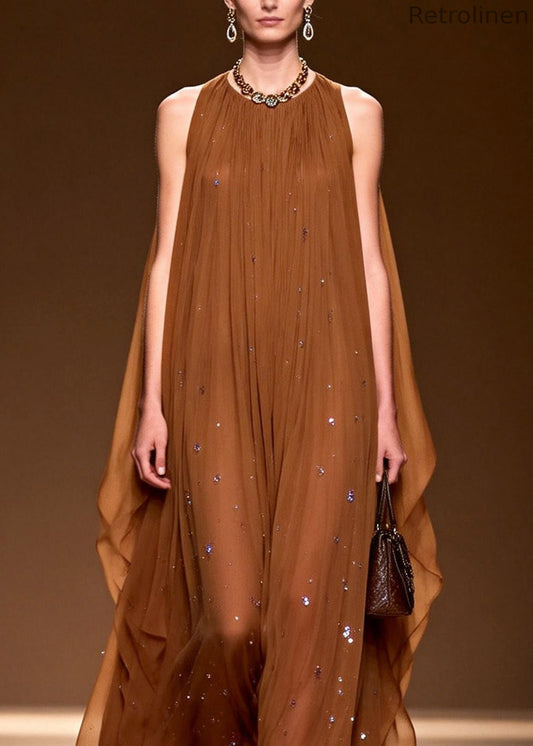 O Neck Zircon Chiffon Long Dress Sleeveless