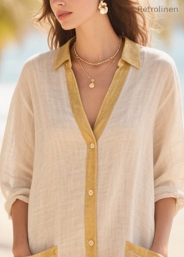 Beige Oversized Patchwork Cotton Mid Dress Summer