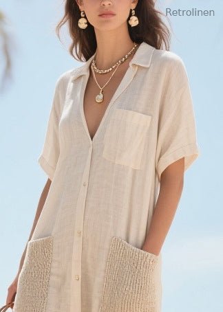 Beige V Neck Patchwork Pockets Cotton Vacation Dresses Summer