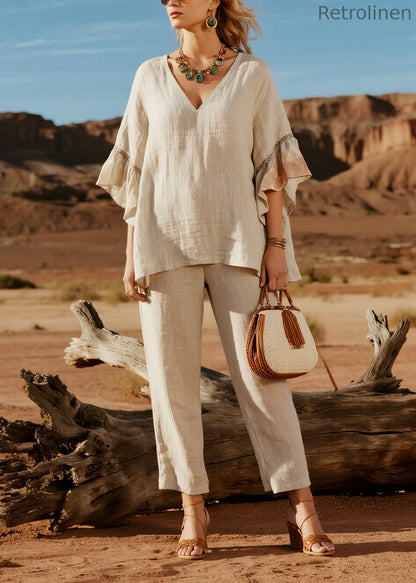 Simple Beige V Neck Patchwork Linen Two Pieces Set Butterfly Sleeve