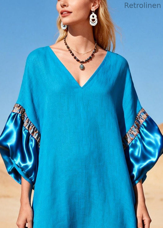 Sea Blue V Neck Patchwork Cotton Maxi Dress Lantern Sleeve