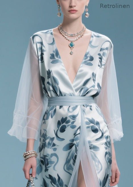 Italian Light Blue Print Patchwork Tulle Maxi Dress Summer