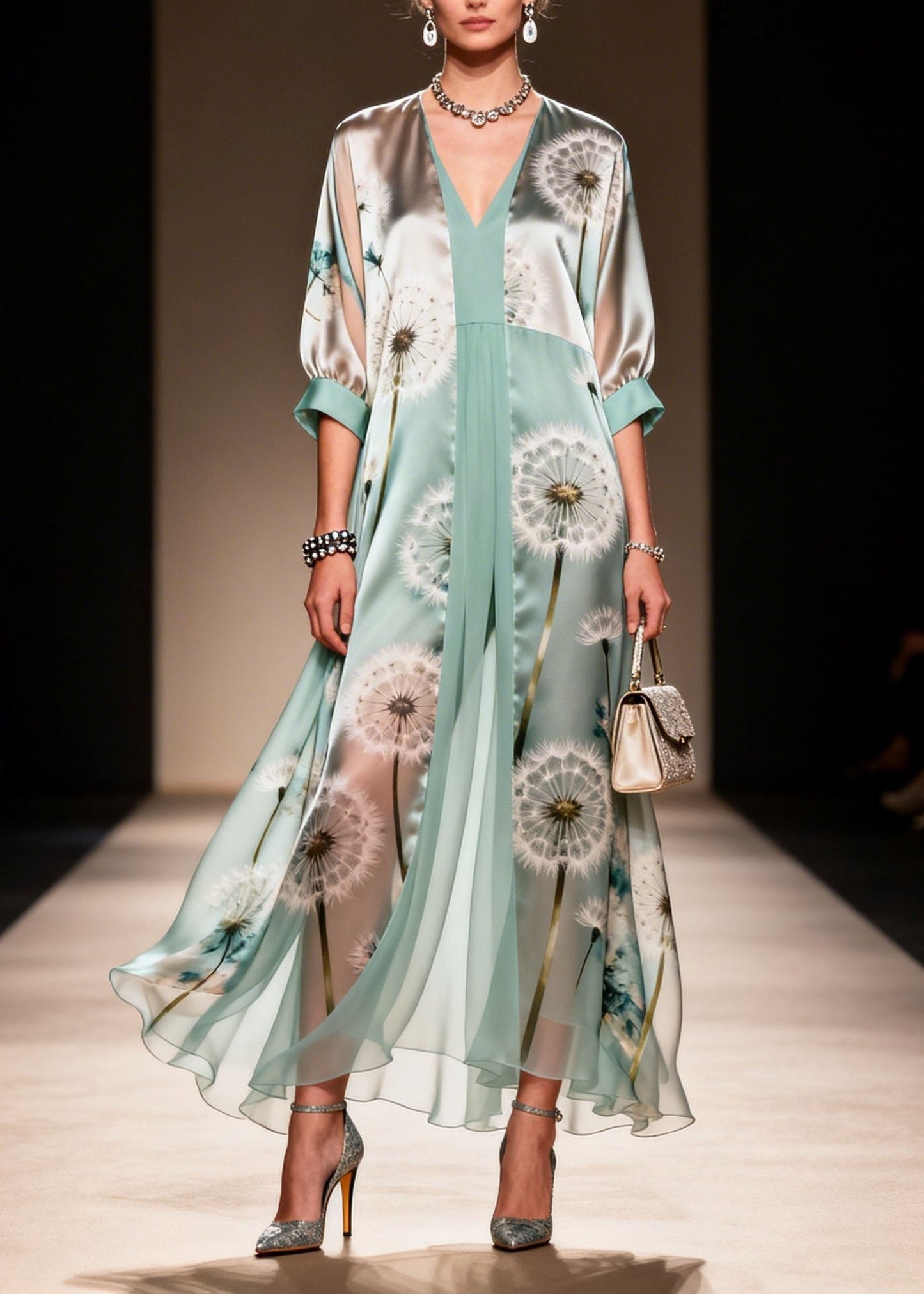 V Neck Print Patchwork Chiffon Dresses Summer