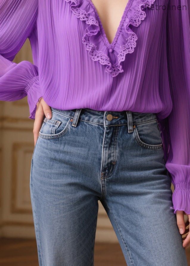 Purple Ruffled Patchwork Wrinkled Chiffon Shirt Spring