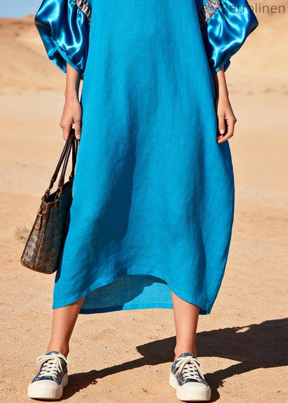 Sea Blue V Neck Patchwork Cotton Maxi Dress Lantern Sleeve