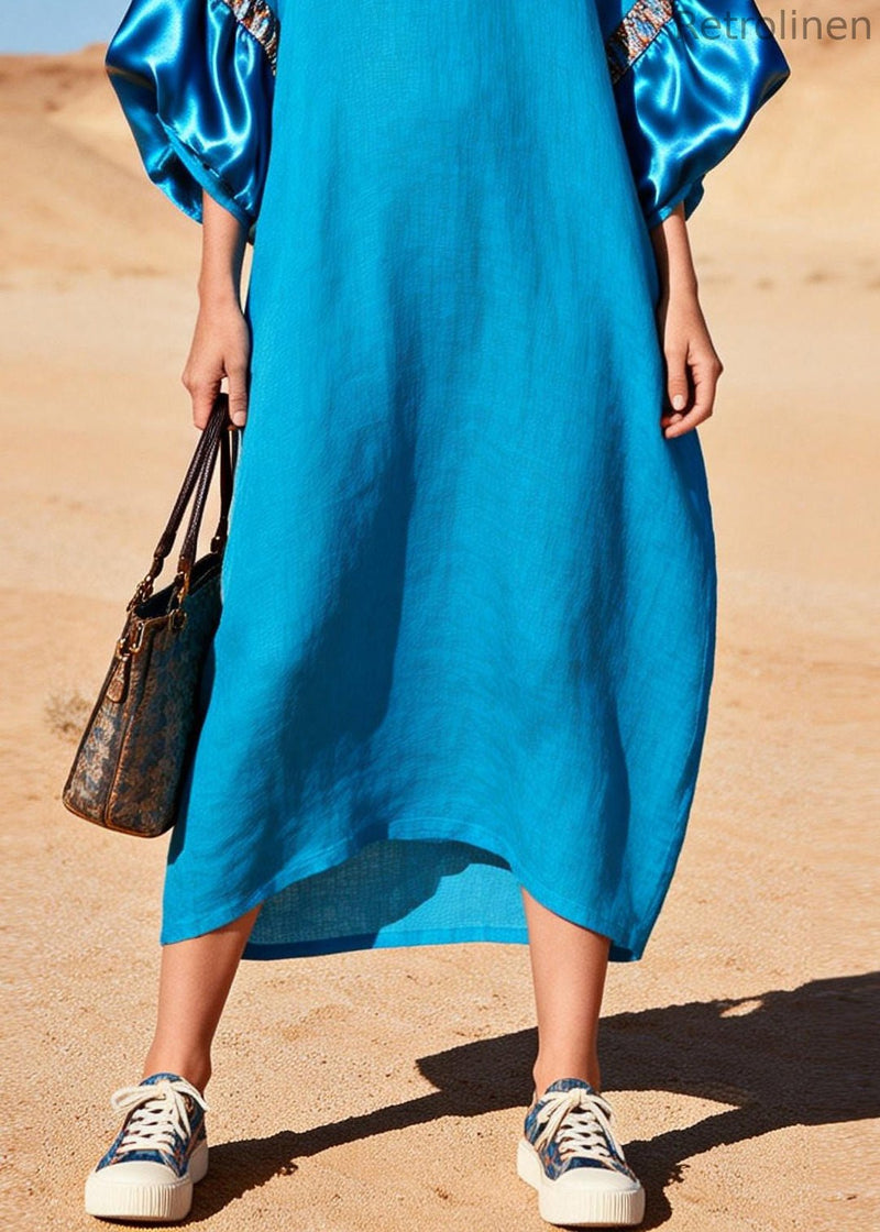 Sea Blue V Neck Patchwork Cotton Maxi Dress Lantern Sleeve
