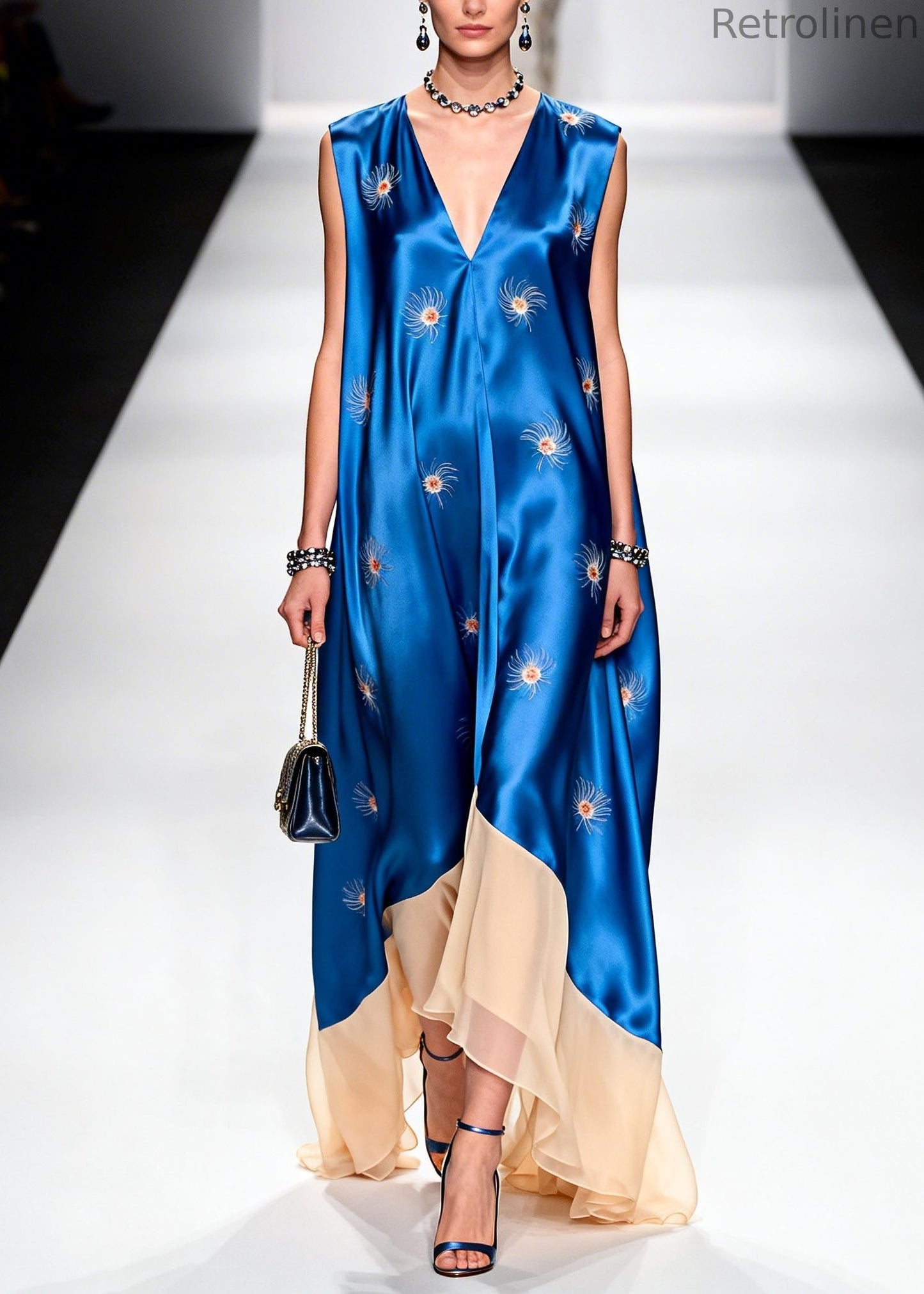 V Neck Print Patchwork Silk Long Dresses Summer