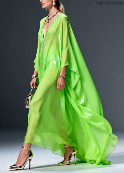 Fluorescent Green V Neck Zircon Chiffon Long Dress Spring