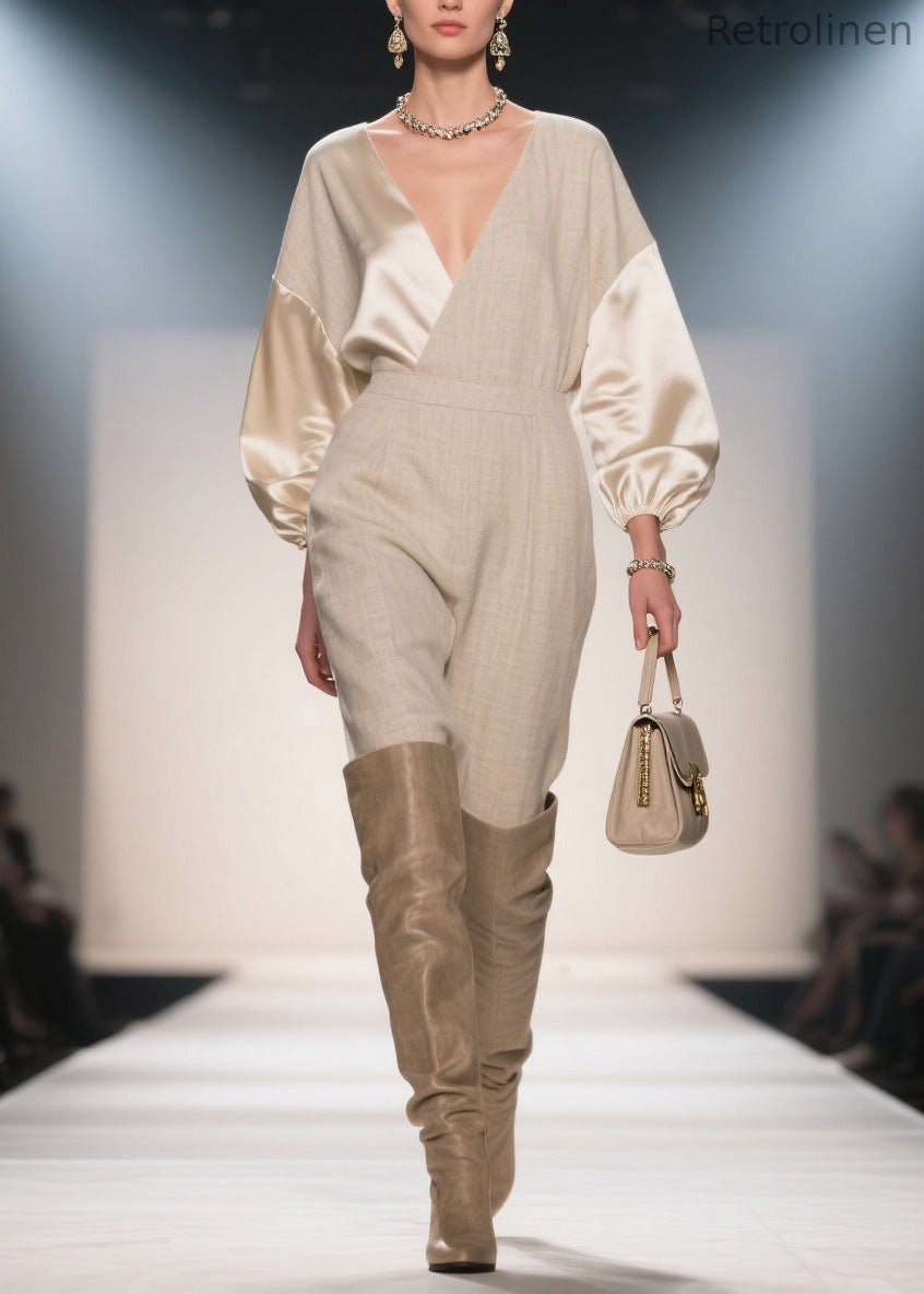 French V Neck Patchwork Linen Silk Jumpsuits Spring