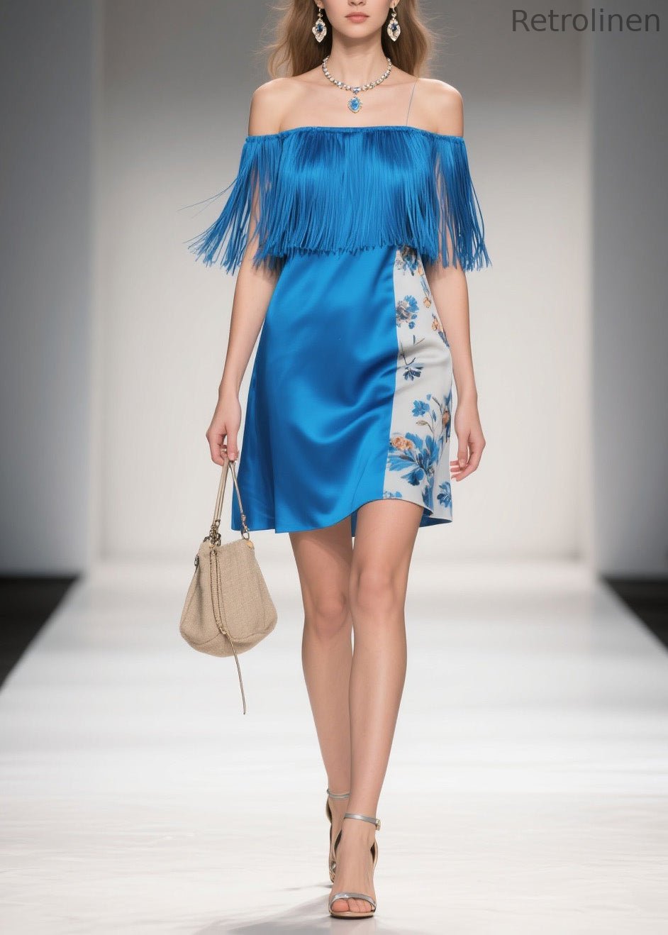 Cold Shoulder Print Tassel Silk Mid Dress Summer