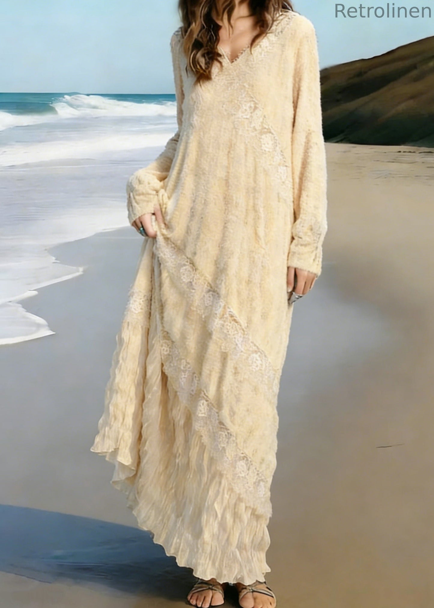 Apricot Wrinkled Lace Patchwork Knit Long Dress Spring
