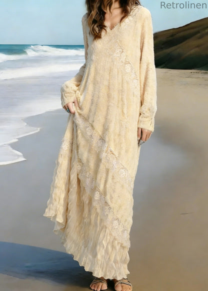Apricot Wrinkled Lace Patchwork Knit Long Dress Spring