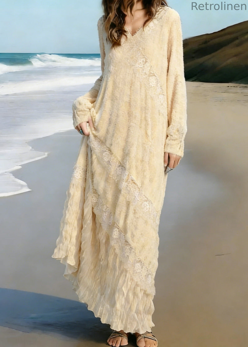 Apricot Wrinkled Lace Patchwork Knit Long Dress Spring