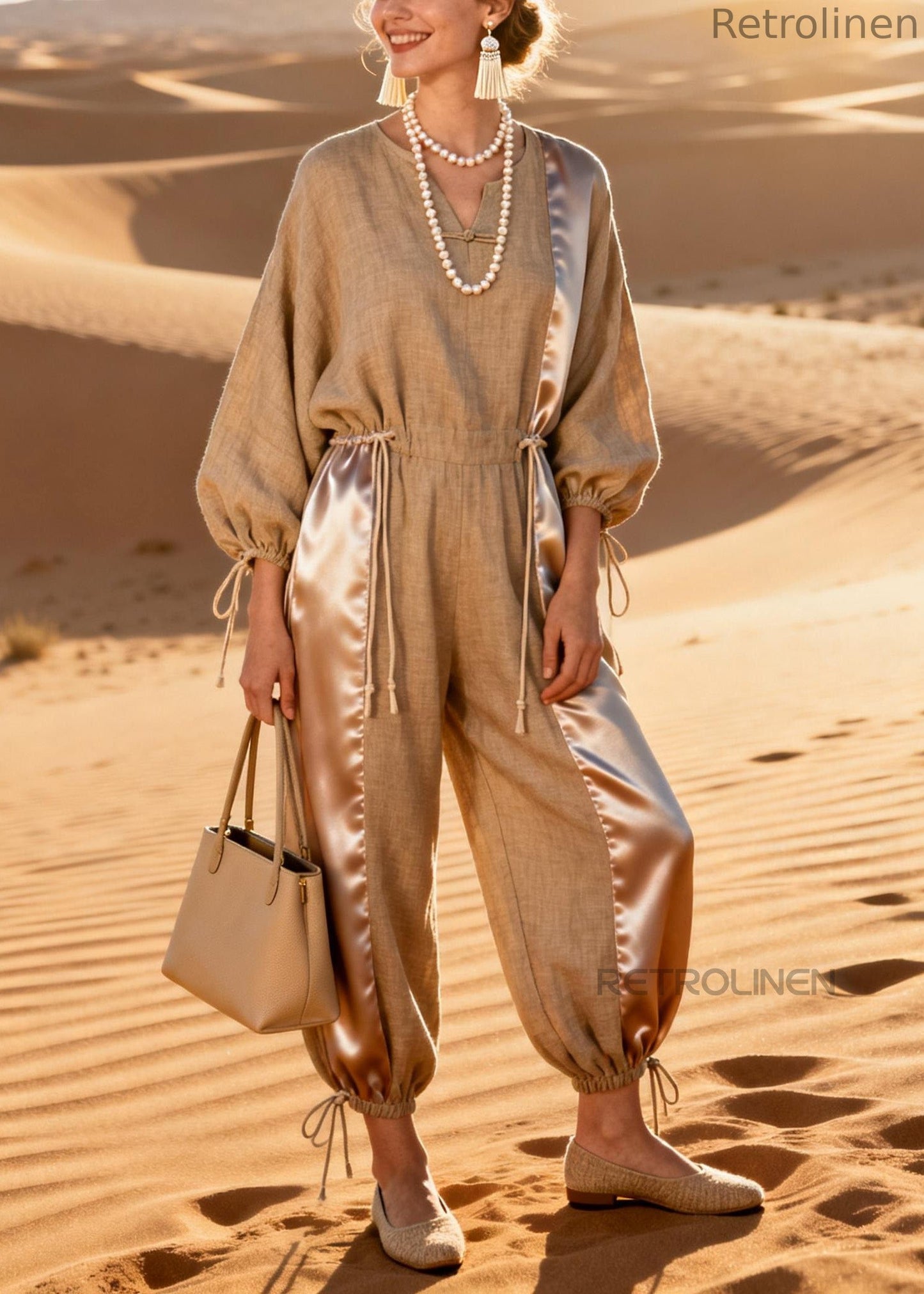 V-neck Silk Patchwork Drawstring Linen Jumpsuit Spring