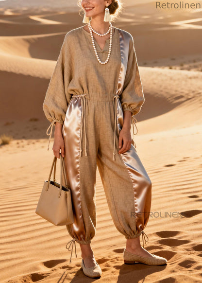 V-neck Silk Patchwork Drawstring Linen Jumpsuit Spring