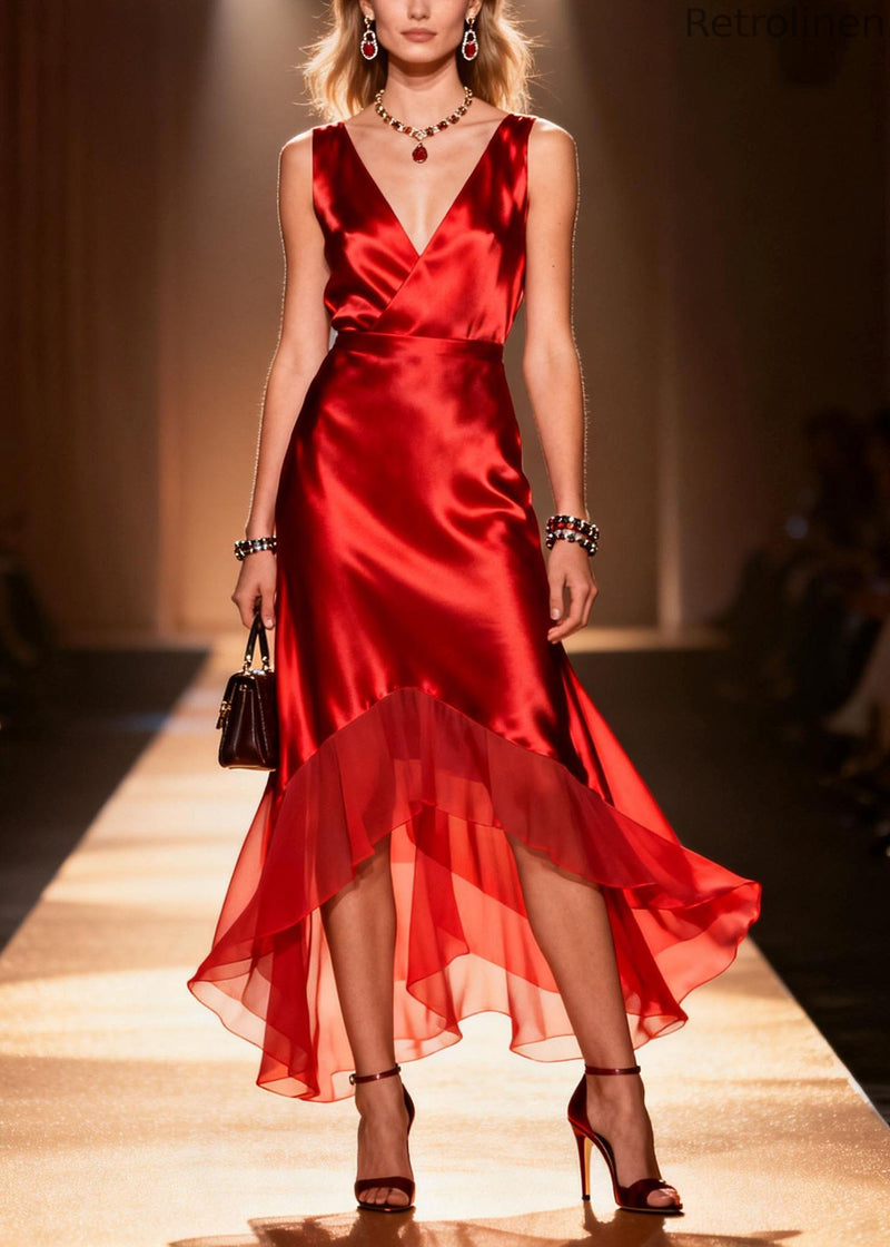 Fine Red V Neck Ruffled Patchwork Silk Dress Sleeveless