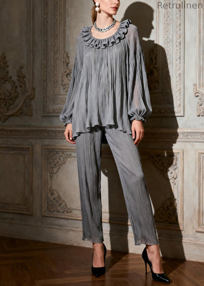 Foggy Gray Ruffled Tops and Crop Pants Two Pieces Set O-neck Butterfly Sleeve