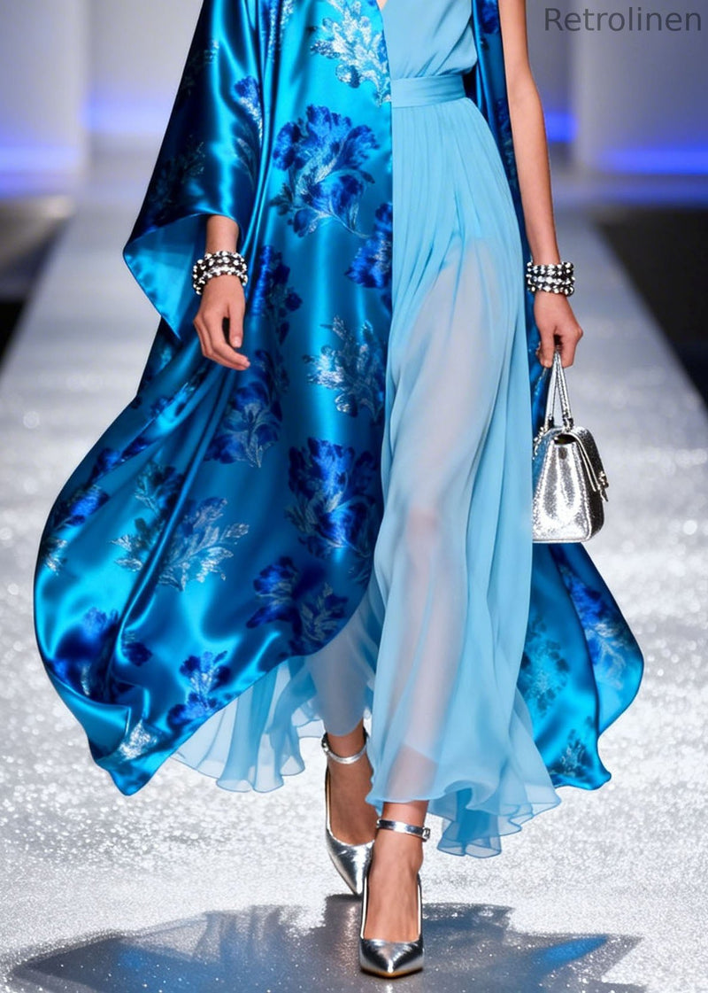V Neck Print Silk Cardigans and Chiffon Dress Two Piece Set Summer