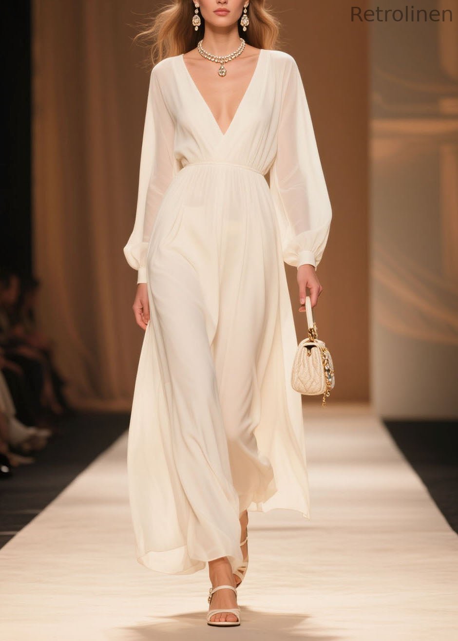 White V Neck Patchwork Chiffon Dress Spring
