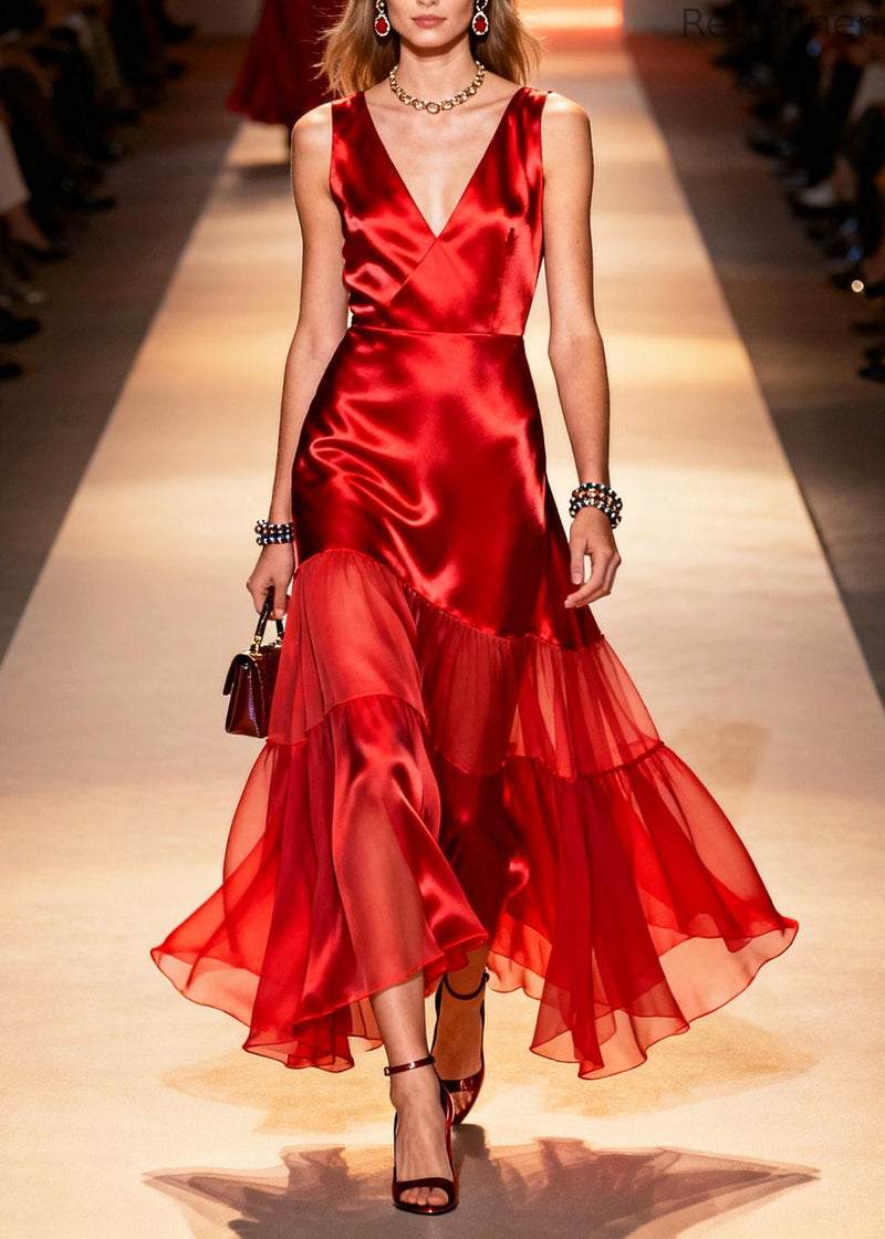Red Patchwork Chiffon Silk Long Dress Exra Large Hem Summer