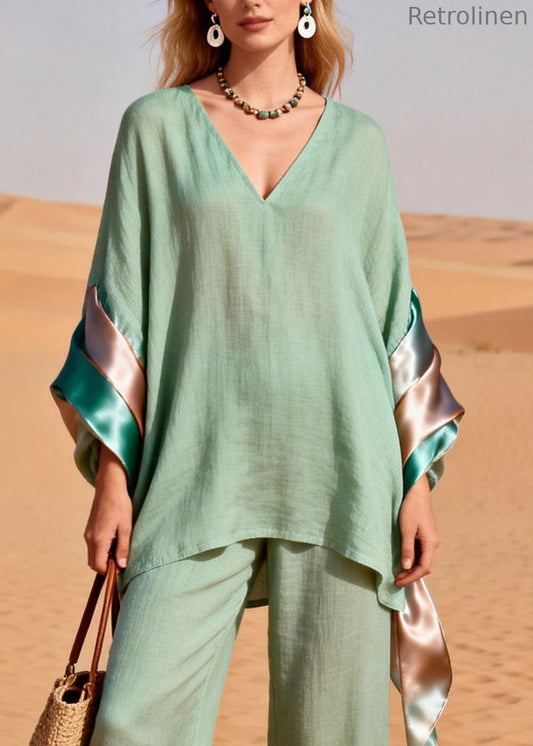 Loose Green V Neck Silk Patchwork Linen Two Piece Set Spring