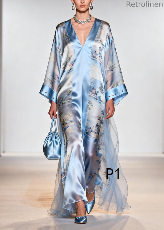 Light Blue Print Tulle Patchwork Rhinestone Dresses Summer