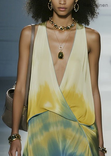 Italian Tie Dye Side Open Chiffon Maxi Dresses Sleeveless