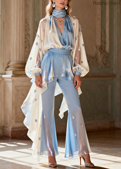 Stylish Asymmetrical Zircon Patchwork Silk Two Pieces Set Spring