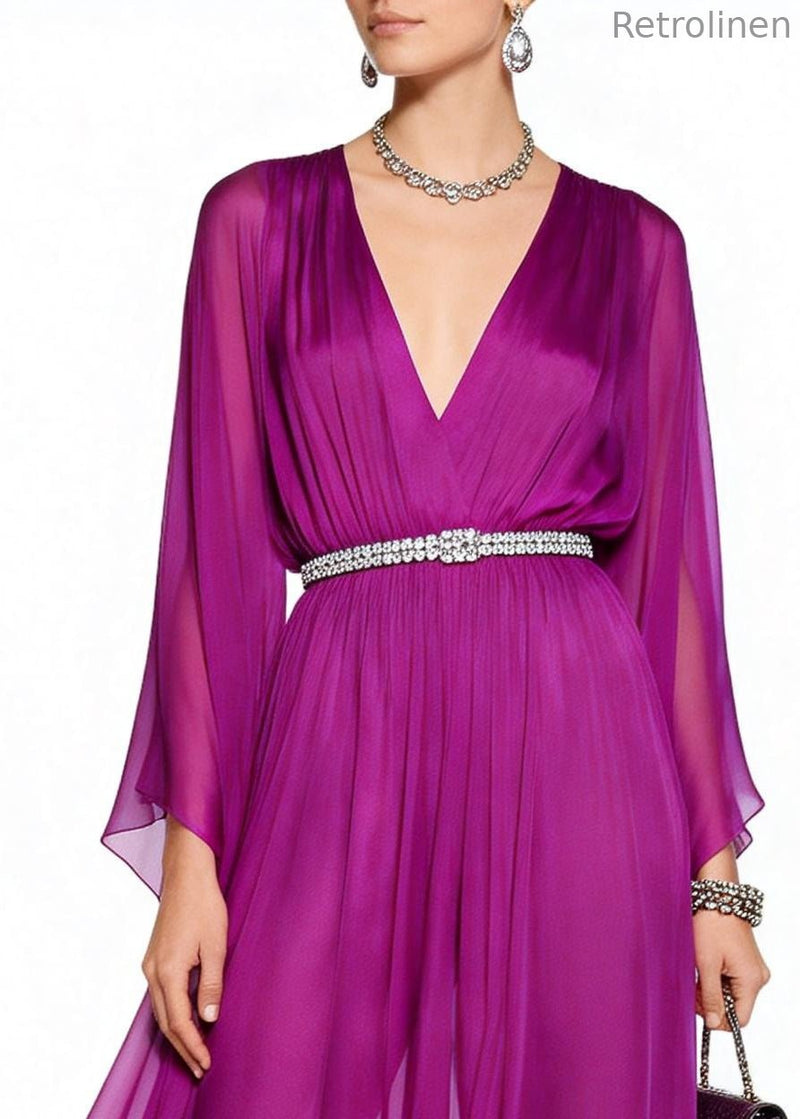 Purple V Neck Draping Chiffon Vacation Dresses Summer