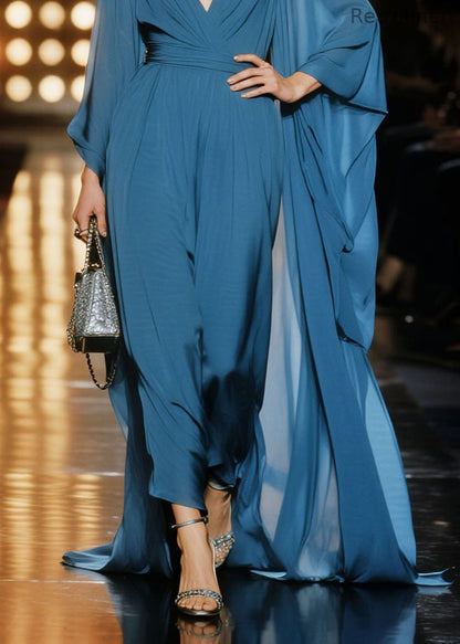 Classy Blue V Neck Patchwork Chiffon Long Dress Spring