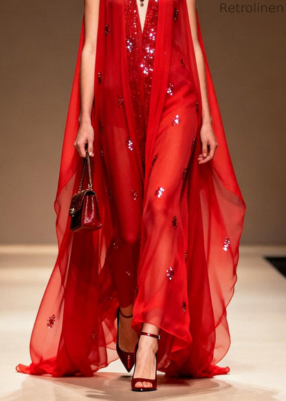 Red V Neck Zircon Patchwork Chiffon Dress Summer