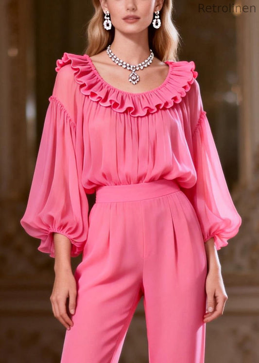Loose Pink Ruffled High Waist Two-piece Set Spring