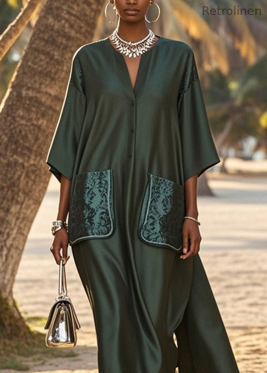 Loose V Neck Pockets Patchwork Silk Long Dress Summer
