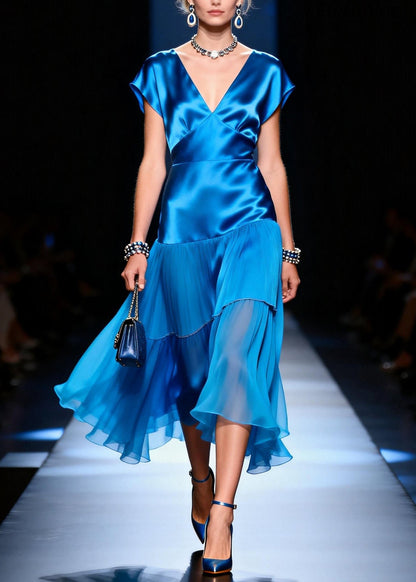 Blue V Neck Patchwork Silk Day Dress Summer