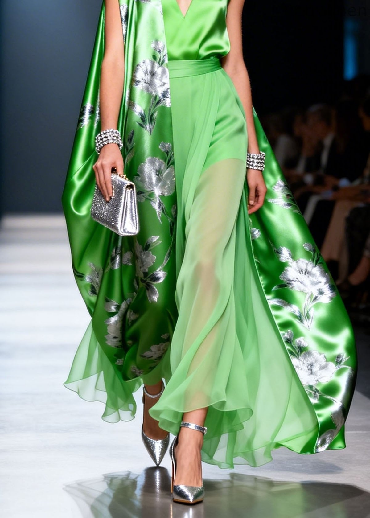 Stylish Green V Neck Print Chiffon Two Piece Set Outfits Summer