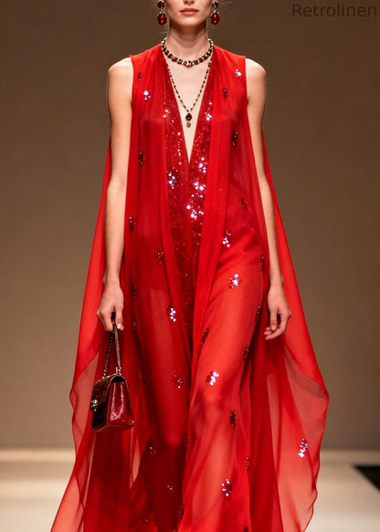 Red V Neck Zircon Patchwork Chiffon Dress Summer