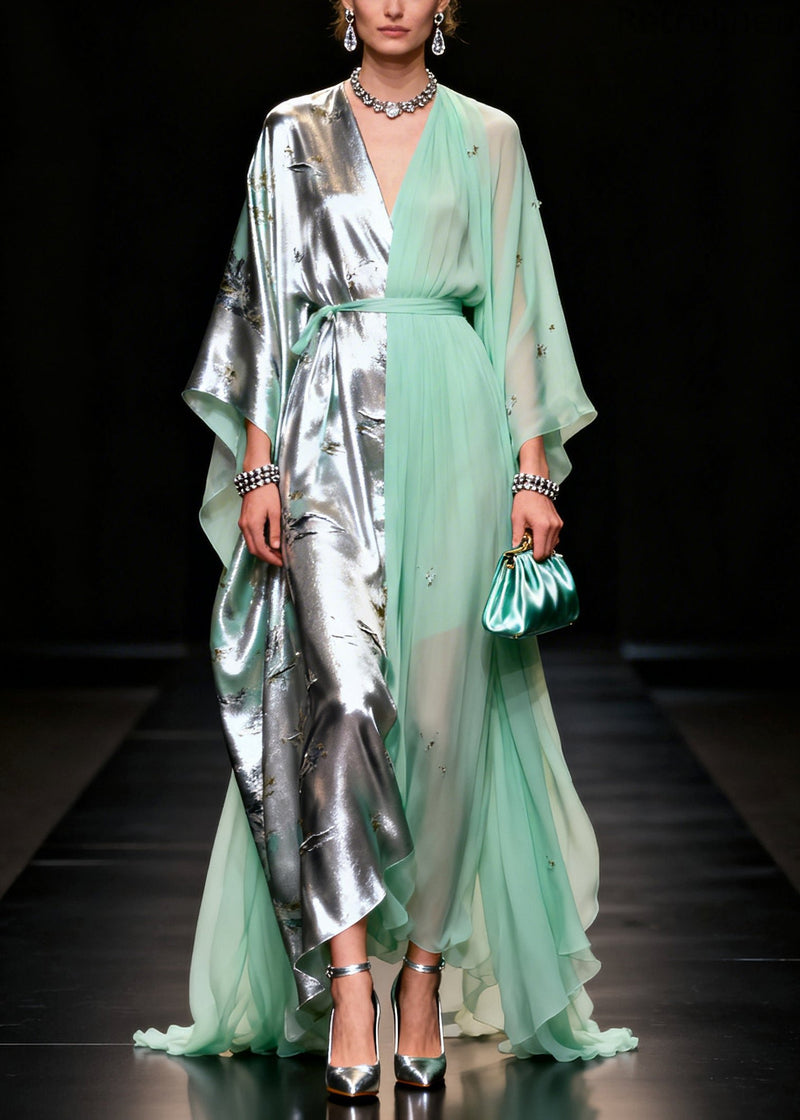 Light Green Asymmetrical Patchwork Jacquard Chiffon Party Dress Summer
