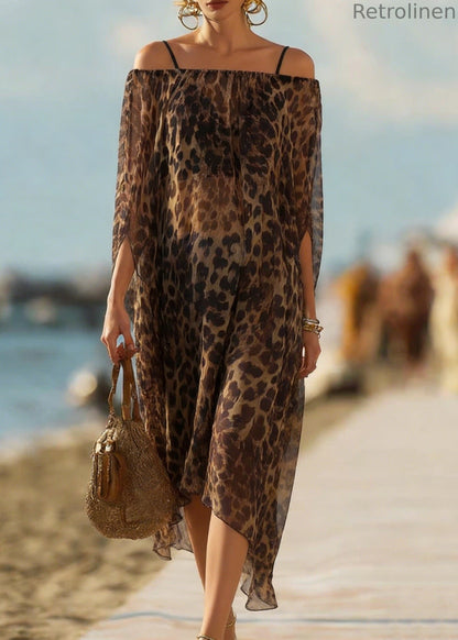 Leopard Slash Neck Silk Dresses Batwing Sleeve