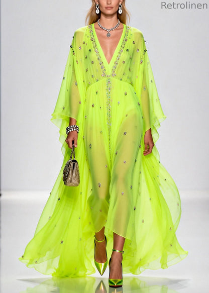Original Design Fluorescent Green Rhinestone Exra Large Hem Chiffon Party Dresses Summer