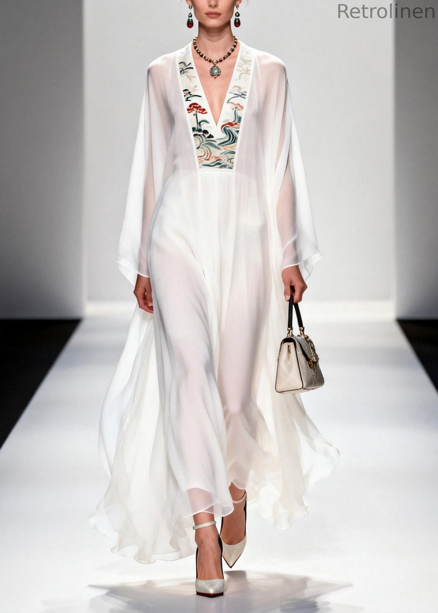 French White V Neck Print Chiffon Long Dresses Summer