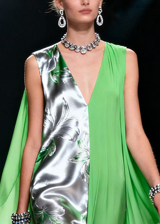 Grass Green Oversized Patchwork Jacquard Chiffon Holiday Dresses Summer