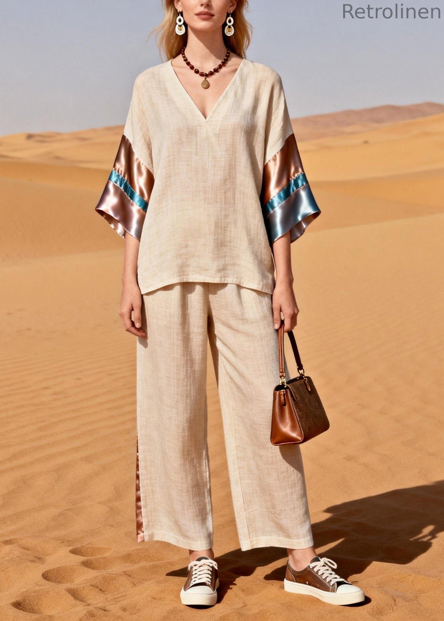V Neck Silk Patchwork Linen Two Pieces Set Summer