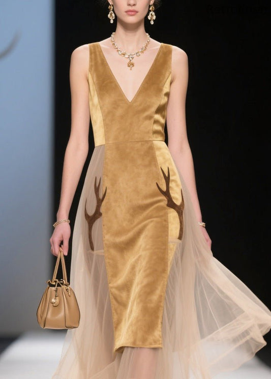 V Neck Tulle Patchwork Velvet Dress Sleeveless