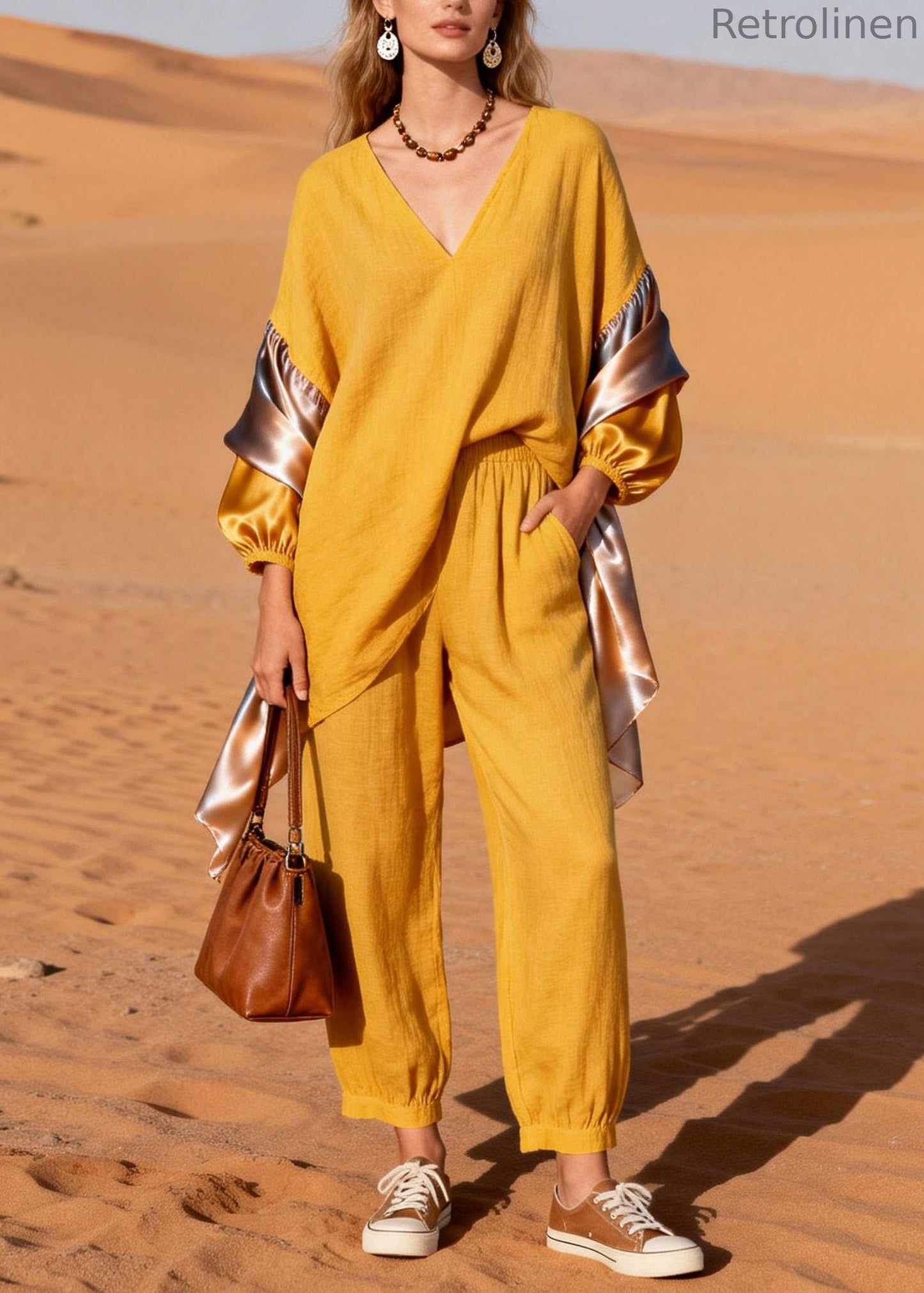 Stylish Yellow V Neck Patchwork Linen Silk Two Pieces Set Spring