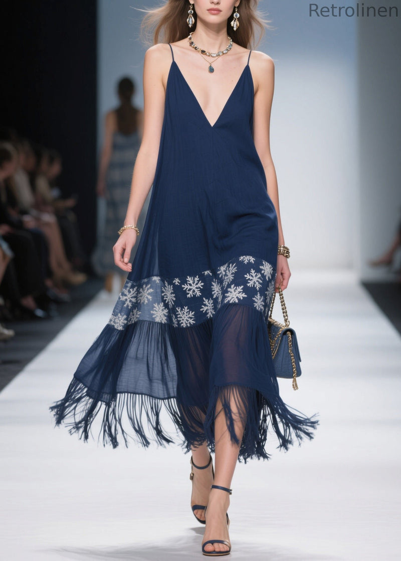 Simple Navy Tassel Cotton Spaghetti Strap Dress Summer