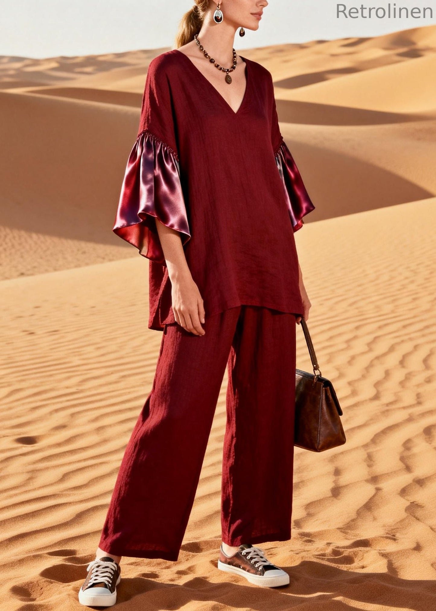 Mulberry V Neck Patchwork Linen Silk Two Pieces Set Flare Sleeve