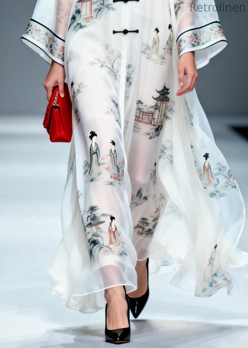 Chinese Style White Print Draping Chiffon Long Dress Summer