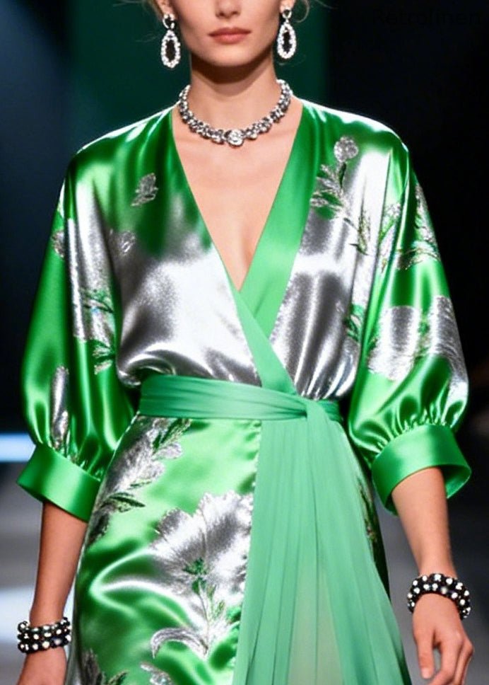 Fine Grass Green Jacquard Patchwork Low High Design Chiffon Maxi Dress Summer